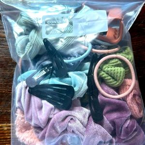 Assortment of small size scrunchies and hair clips